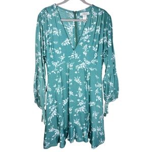 YIREH Aster In Lagoon Dress Size 2XL Green White Ruffle Hem 3/4 Sleeves Floral